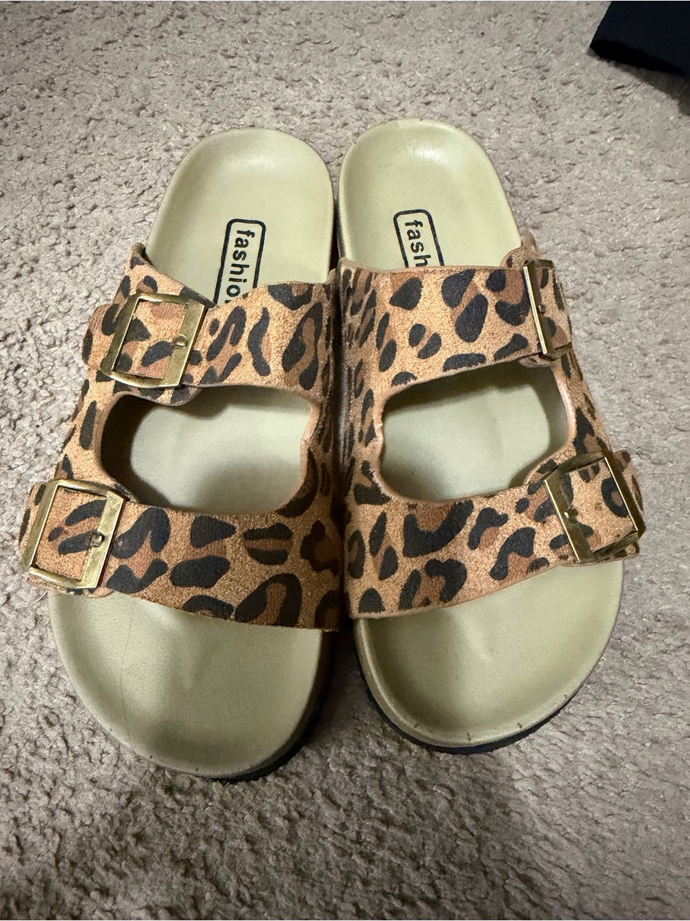 SHEIN Leopard Print Double-Buckle Slide Sandals - Tan & Black